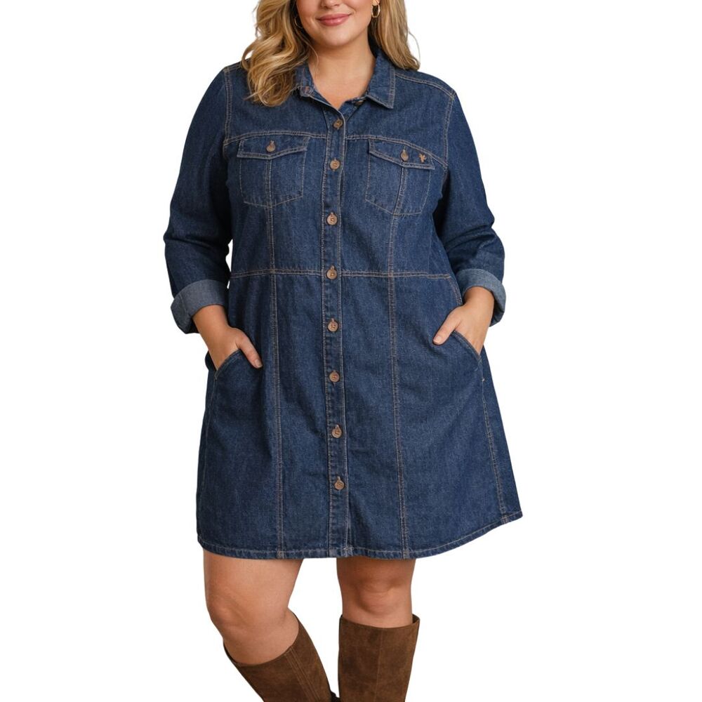 Frye Denim Shirt Dress Mini Long Sleeve Button Front Pockets Womens XXL